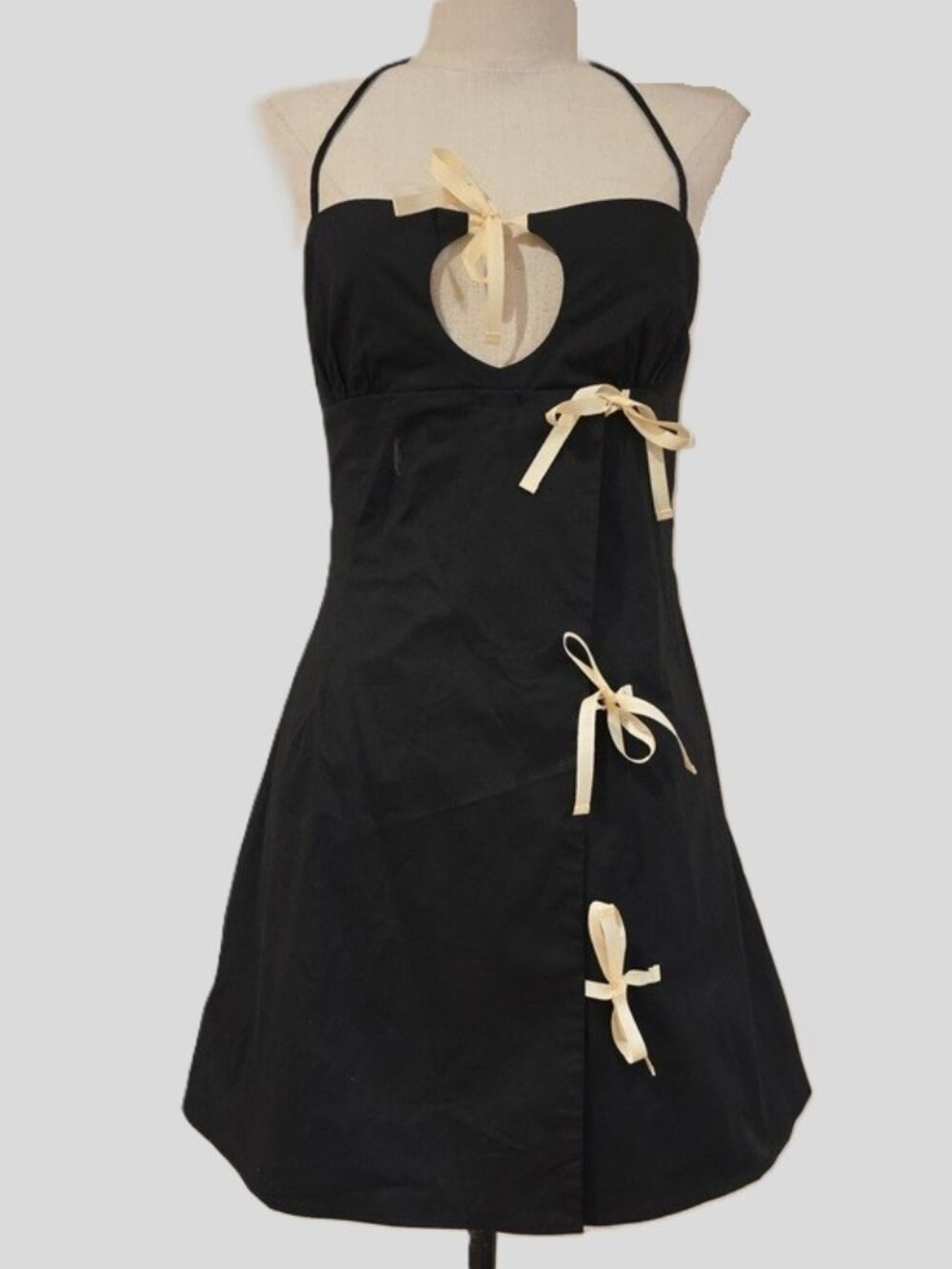NEW $198 FOR LOVE AND LEMONS HELENA POPLIN BOW HALTER MINI DRESS IN BLACK SIZE S